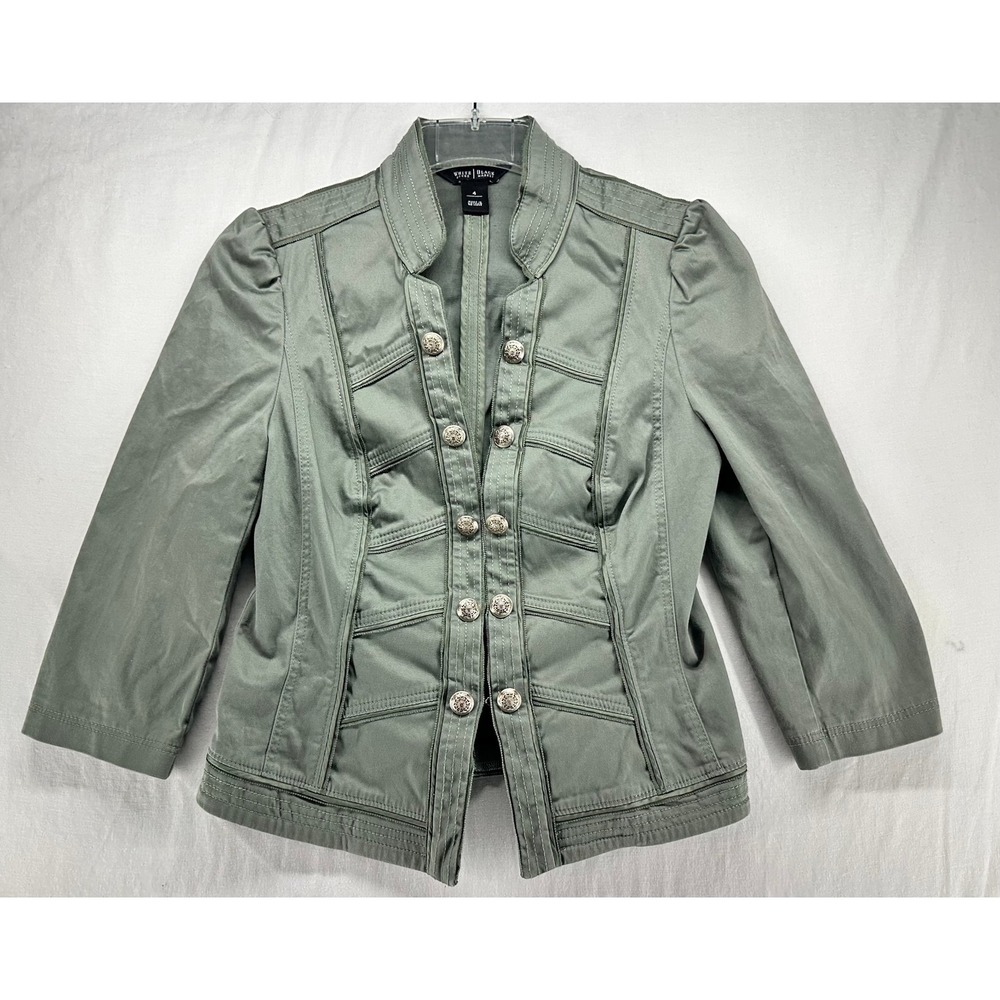 White House Black Market Military Jacket Sage Green Silver Button Size 4